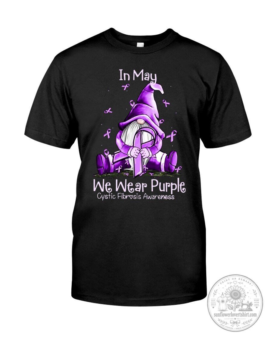Cystic Fibrosis Awareness Gnome In May We Wear Purple Ribbon T-Shirt