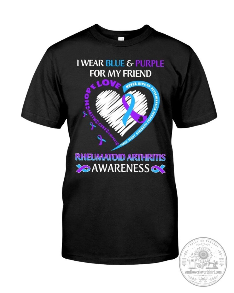 "Show Support with Rheumatoid Arthritis Awareness Ribbon T-Shirt Today" 23 Rheumatoid Arthritis Awareness Blue And Purple Ribbon Support T-Shirt